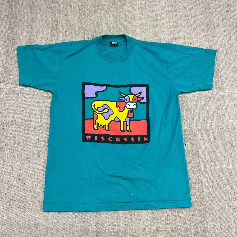 Vintage Wisconsin Shirt Mens Large Blue 1990s Cows Art USA